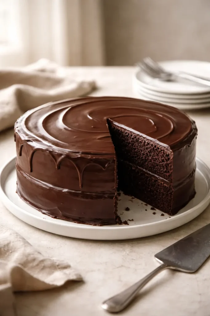 Finished chocolate ganache cake on a platter ready to serve