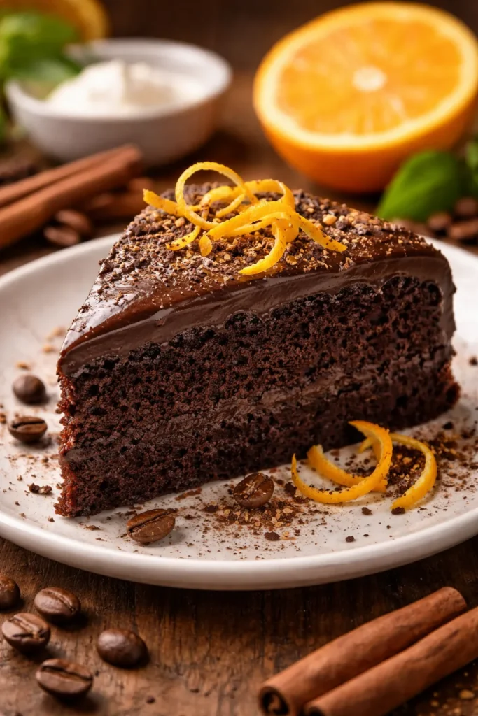 Chocolate cake slice with orange zest and espresso dust