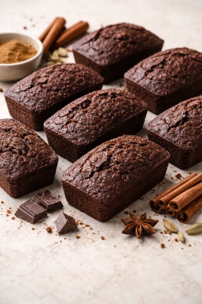 Mini chocolate chai loaves on neutral background