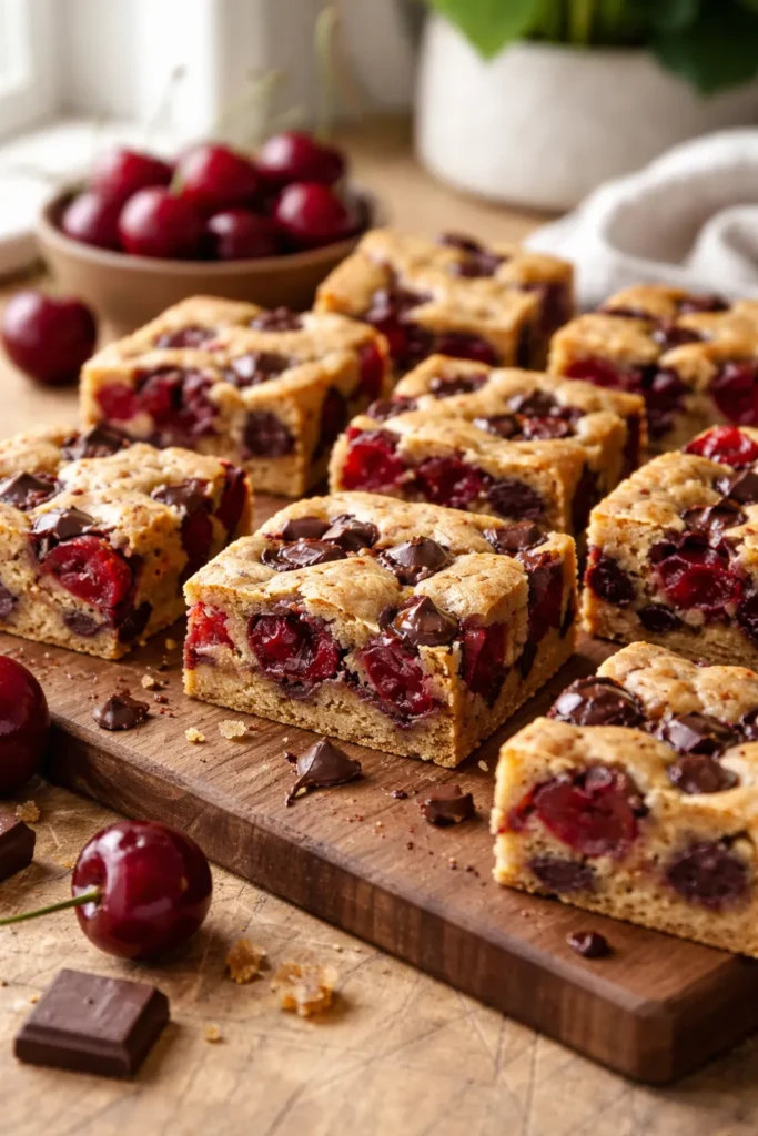 Close-up of chewy Chocolate Cherry Bars with cherries and dark chocolate chips on a rustic wooden board