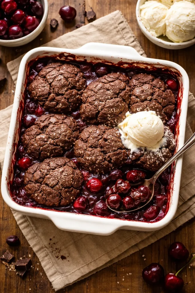 Square baking dish with chocolate cherry cobbler and visible biscuit topping