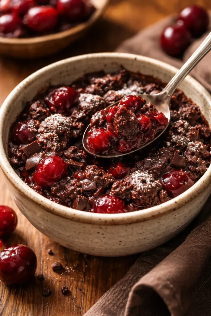 Close-up of a rustic bowl of chocolate cherry muddy buddies with chocolate and cherry pieces