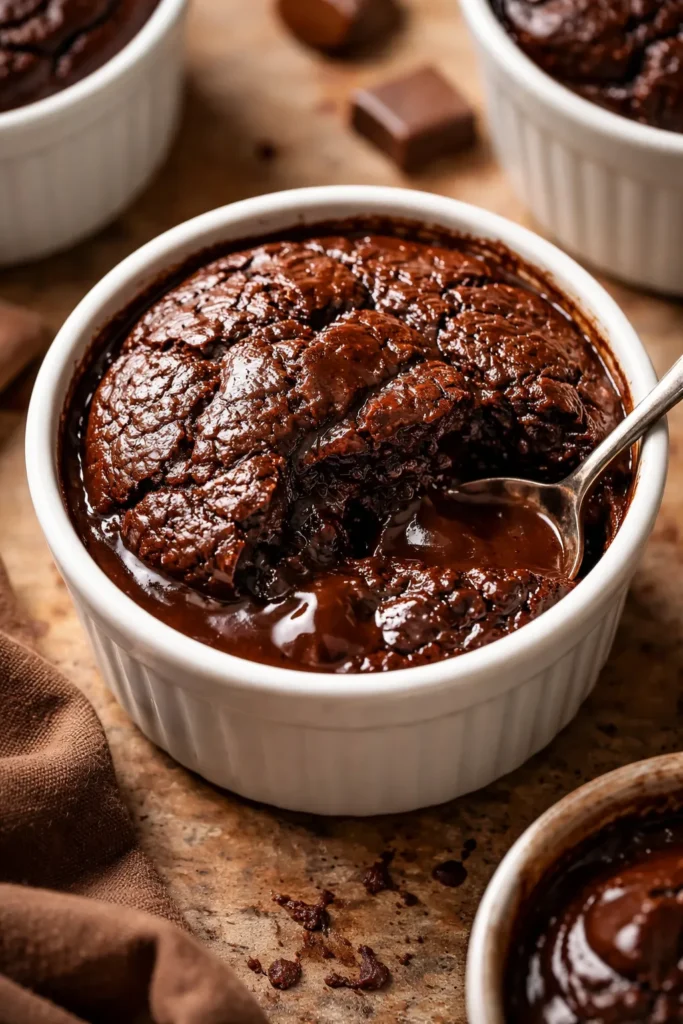 Chocolate cobbler in a ramekin with a glossy top and sauce at the edges.