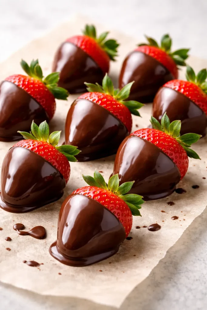 Glossy chocolate-covered strawberries on parchment.
