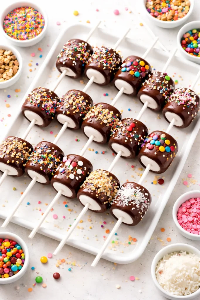 Chocolate-dipped marshmallow pops with toppings on a flat surface