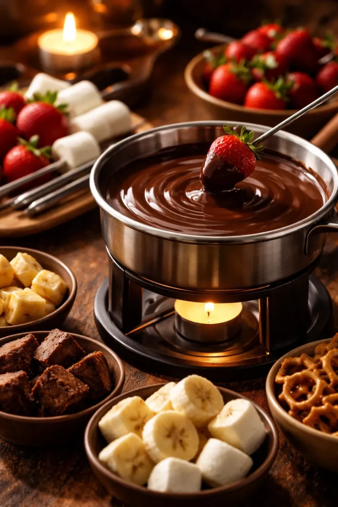 Chocolate fondue with dipping skewers and fruits