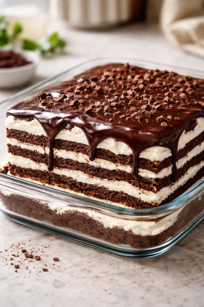 Layered chocolate icebox cake with whipped cream in glass dish