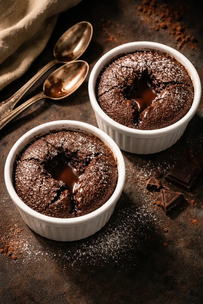 Two chocolate lava cakes in ramekins with molten centers