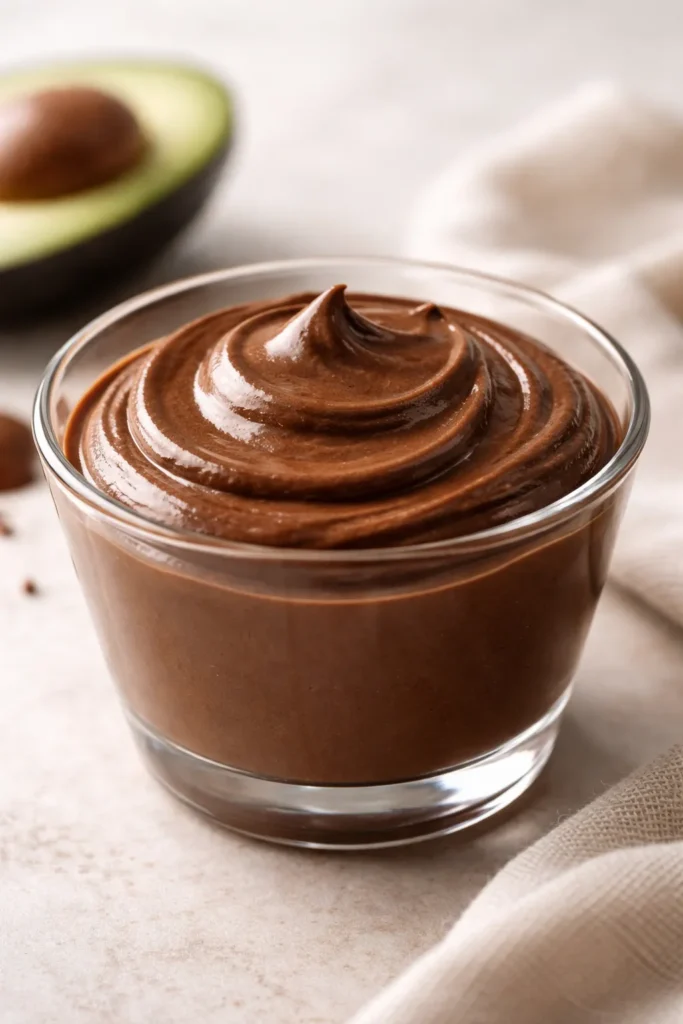 Silky chocolate avocado mousse in a glass cup with smooth surface