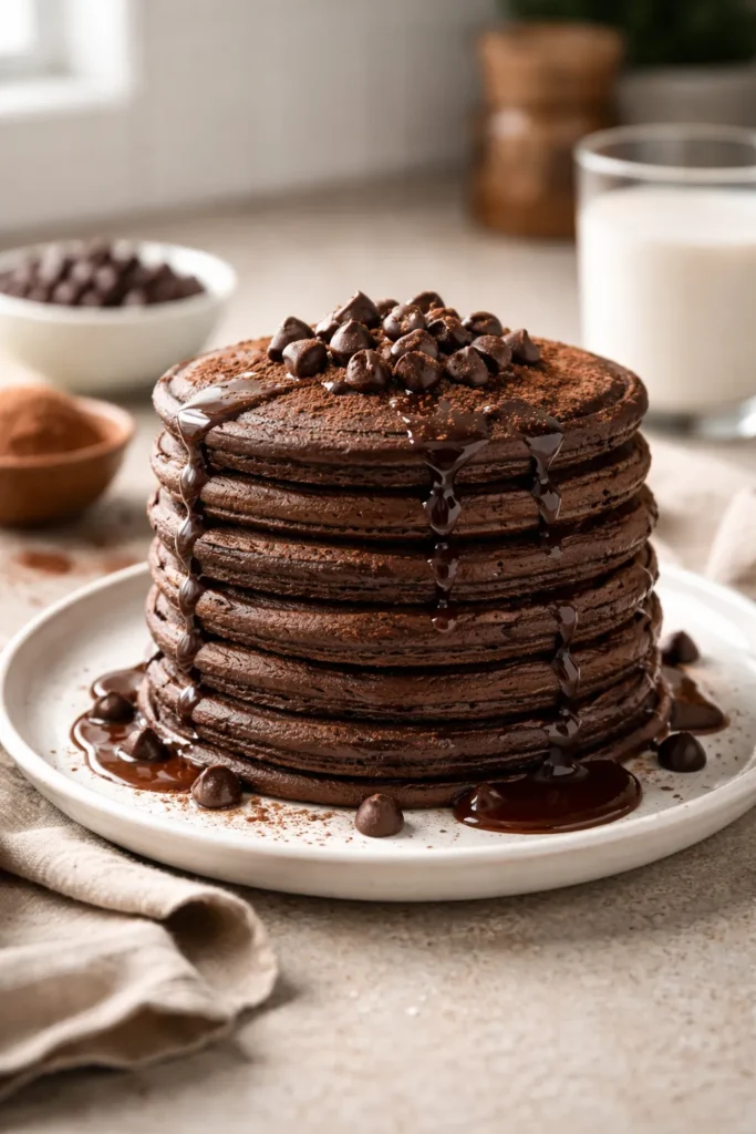 Stack of dark chocolate protein pancakes on a plate