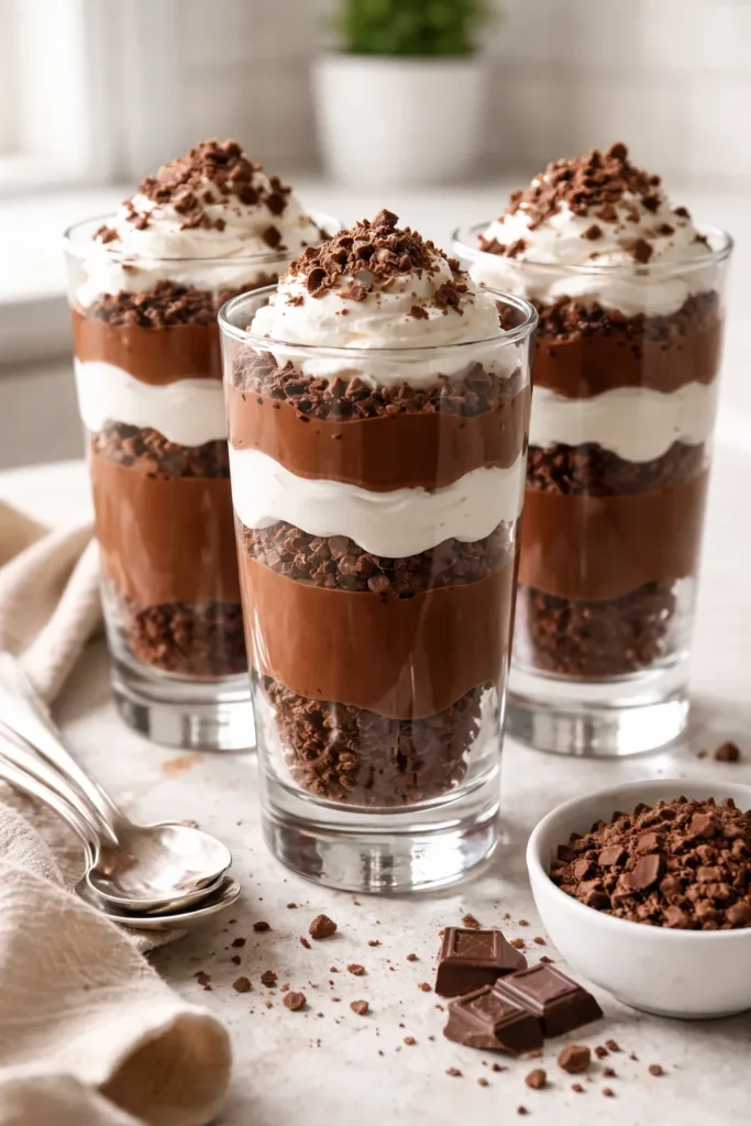Layered chocolate pudding parfaits in tall glasses