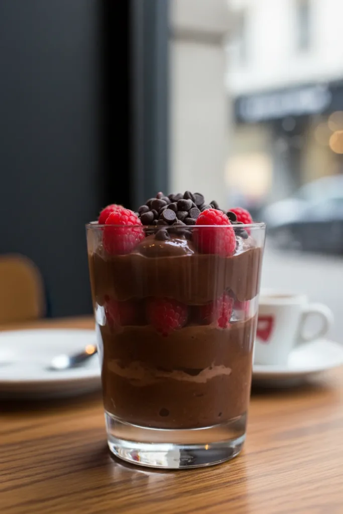 Chocolate yogurt parfait with fresh raspberries and dark chocolate chips