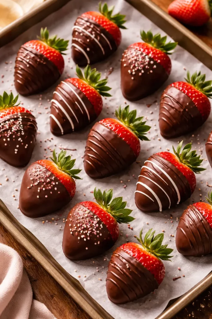 Glossy chocolate-dipped strawberries on parchment