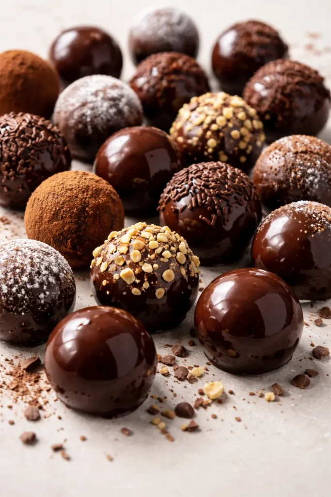 Glossy dark chocolate truffles on a neutral surface