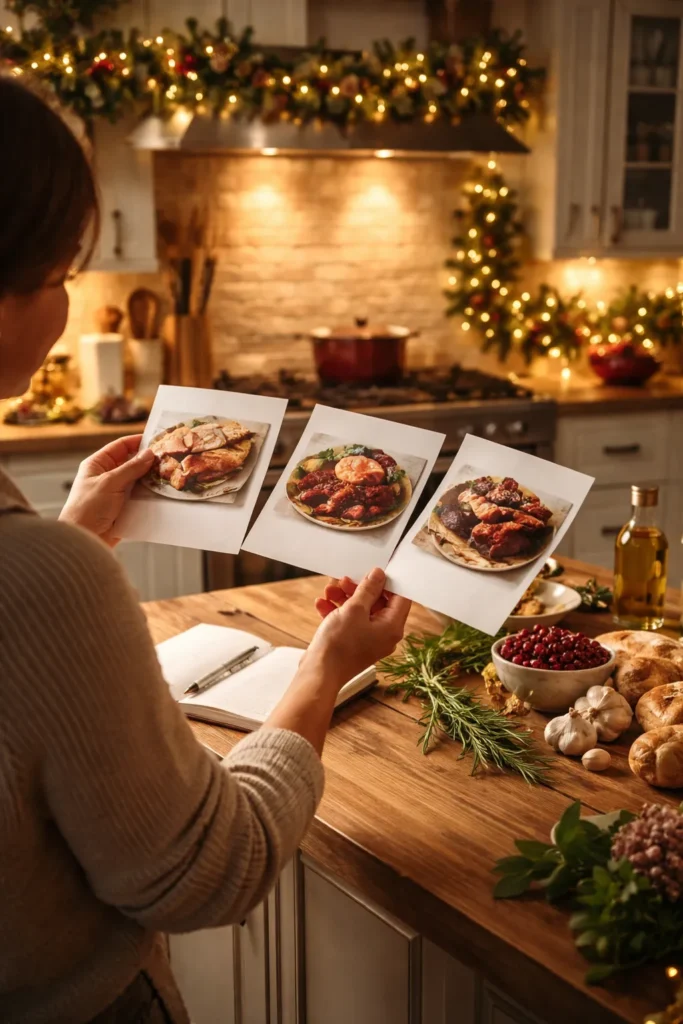 Person choosing a Christmas dinner recipe in a warm kitchen with dish silhouettes