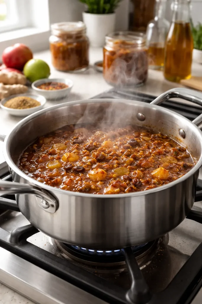 Stainless steel saucepan simmering chutney with steam on a clean kitchen counter