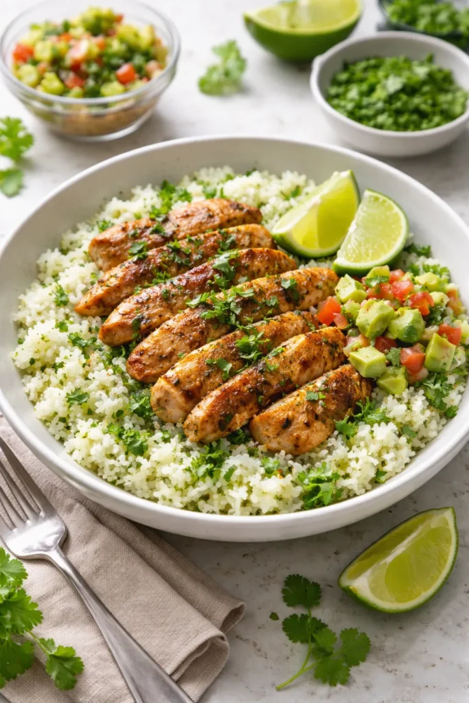 Cilantro lime chicken rice bowl with sliced chicken on top of cilantro-lime rice