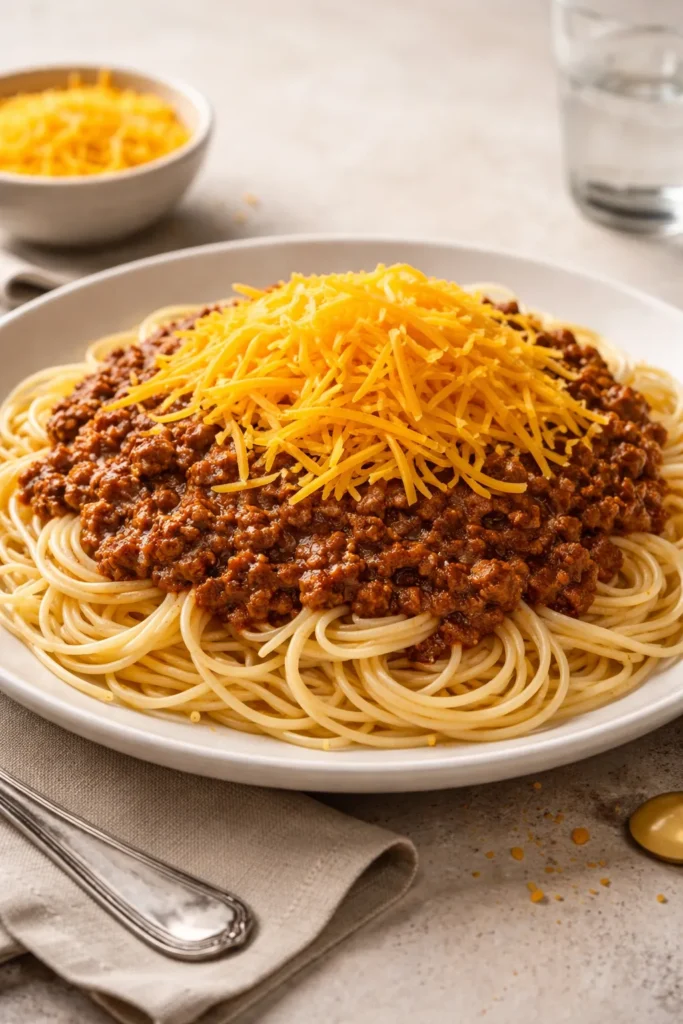 Plate of spaghetti with Cincinnati chili and cheddar cheese on top