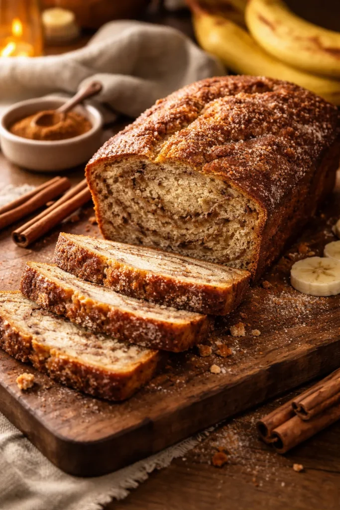 Cinnamon spiced banana bread with a sugar crust and cinnamon sticks