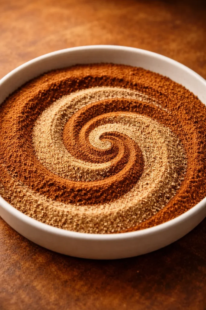 Symmetrical swirl of cinnamon and nutmeg powders