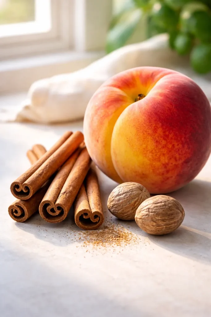 Cinnamon sticks and whole nutmegs with a peach on a clean surface