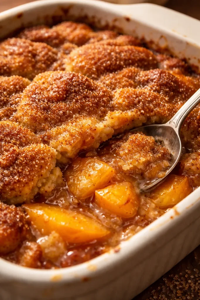Close up of a crunchy cinnamon sugar crust on top of a warm peach cobbler