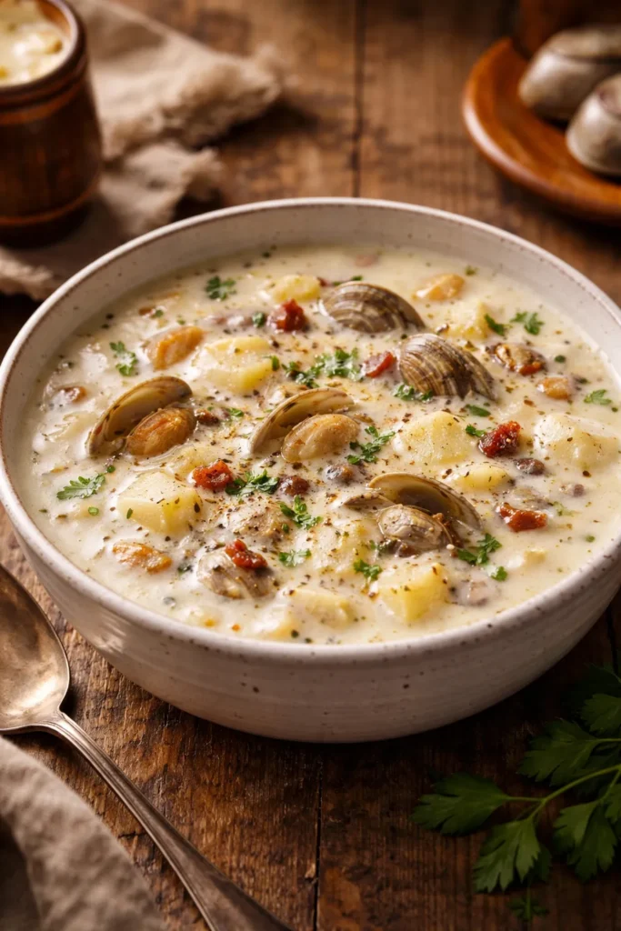 Close-up of New England clam chowder in a white bowl on wood, creamy soup with clams and potatoes.