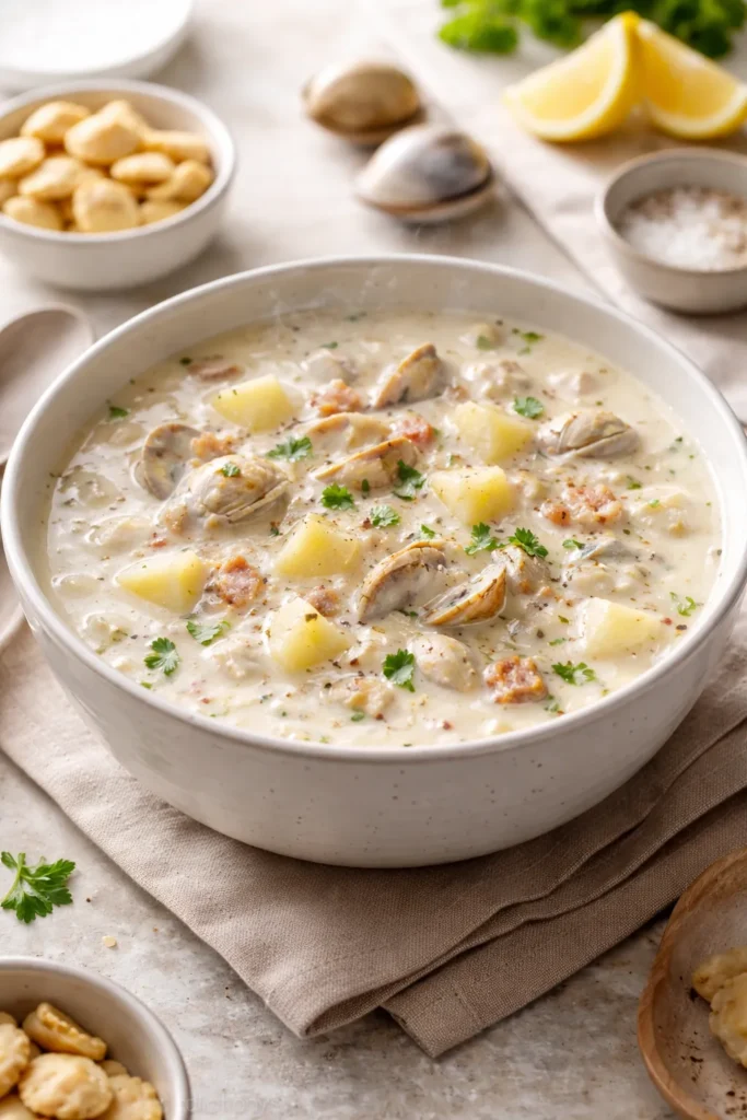 Creamy New England clam chowder with clams and potatoes in a bowl