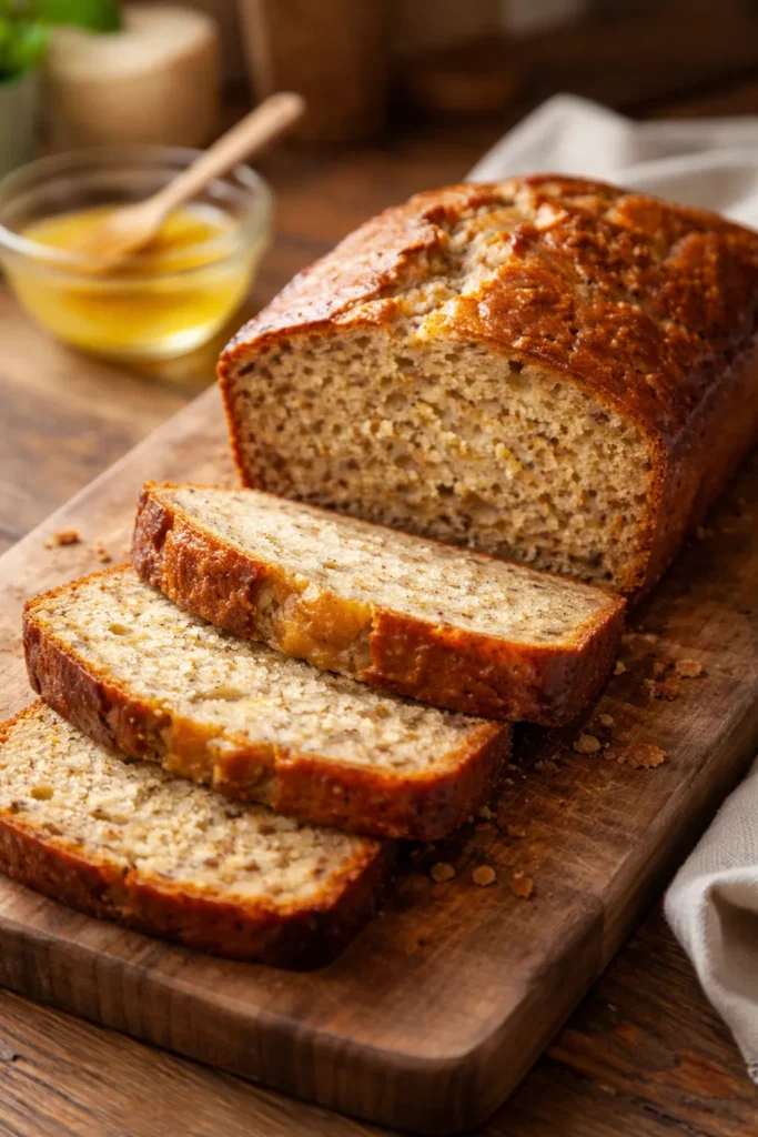 Slices of classic melted butter banana bread on a wooden board in a sunny kitchen