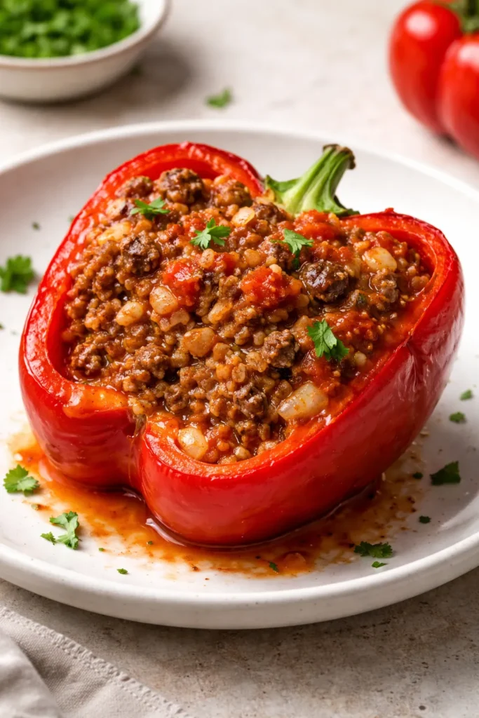 Cross-section of classic stuffed pepper filled with beef and rice on a plain plate