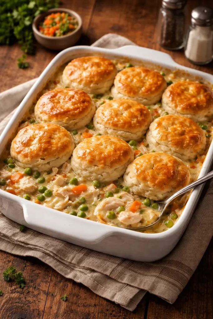 Creamy chicken and vegetables under golden biscuits in a casserole dish