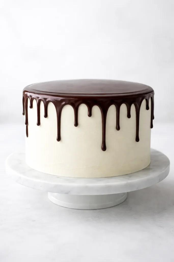 Classic chocolate drip cake with dark ganache on white frosting