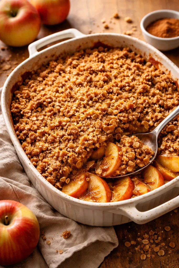 Close-up of classic Honeycrisp Apple Crisp in a rustic dish with cinnamon oat topping