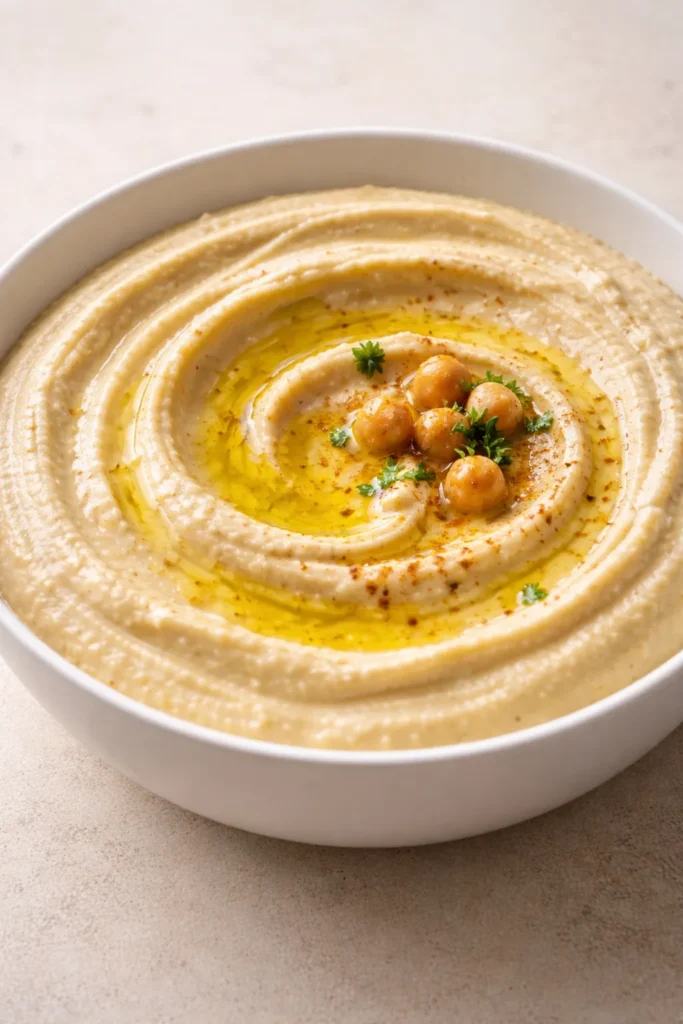 Classic creamy hummus in a white bowl with olive oil sheen