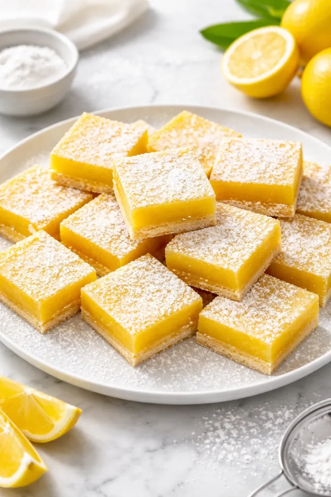 Lemon bars on a plate with powdered sugar dusting