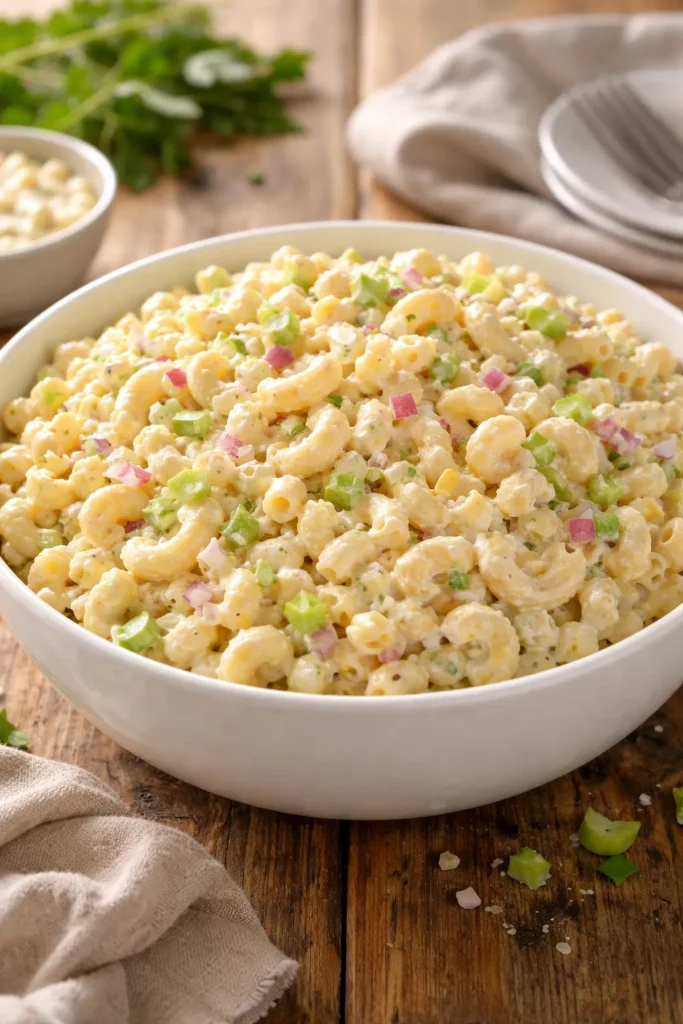 Classic Southern macaroni salad with vegetables in white bowl