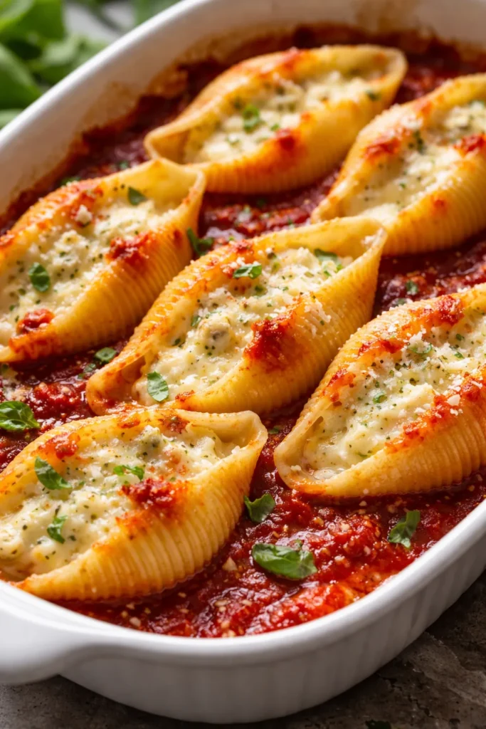 Close-up of classic three-cheese stuffed shells with marinara