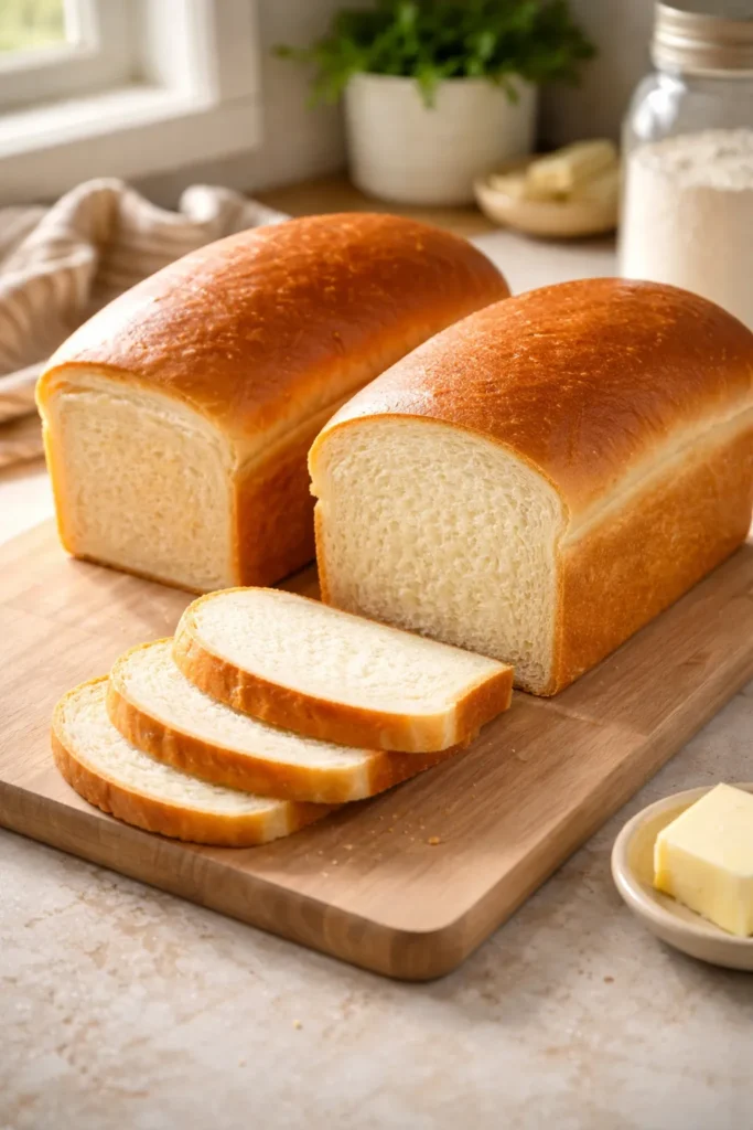 Two classic white sandwich bread loaves with golden crust and soft crumb on wooden board