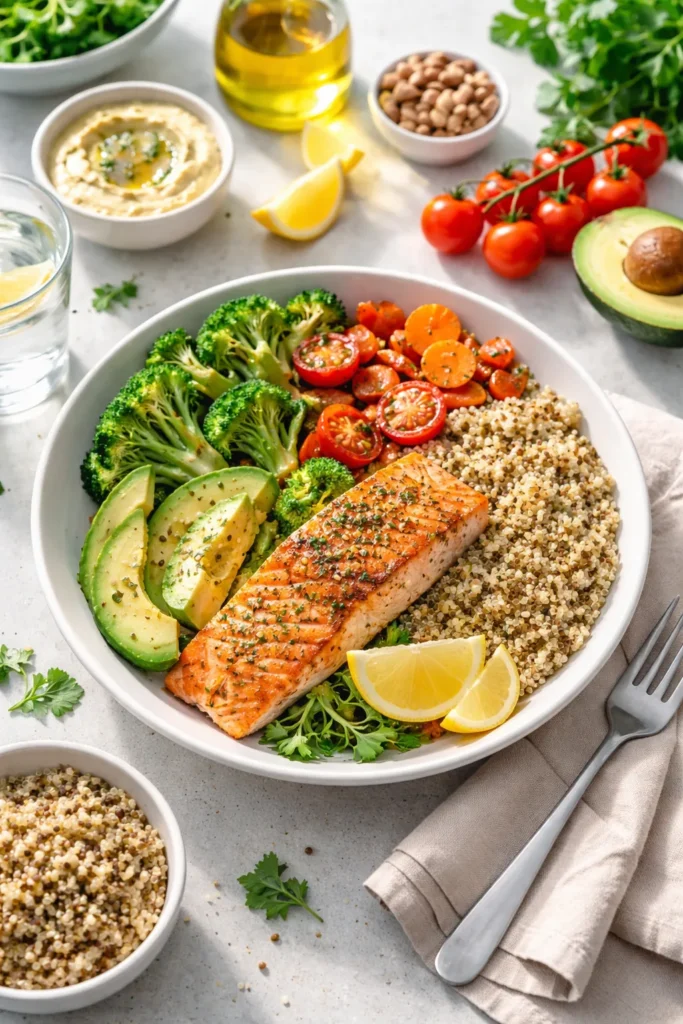Colorful plate of quinoa, roasted vegetables, and salmon illustrating clean eating in practice