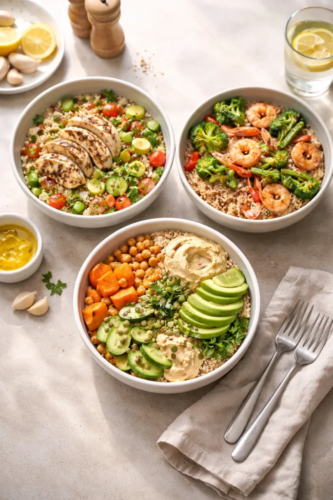 Calm kitchen scene with three bowls of simple clean-eating meals