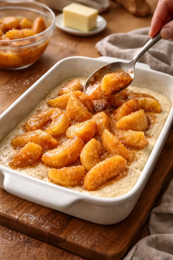Close-up of batter poured into a buttered dish with peach filling ready to bake
