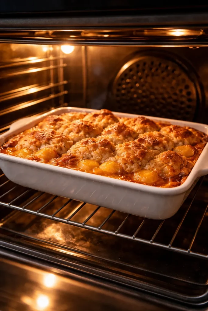 Cobbler baking in a dish on center rack with warm glow from oven