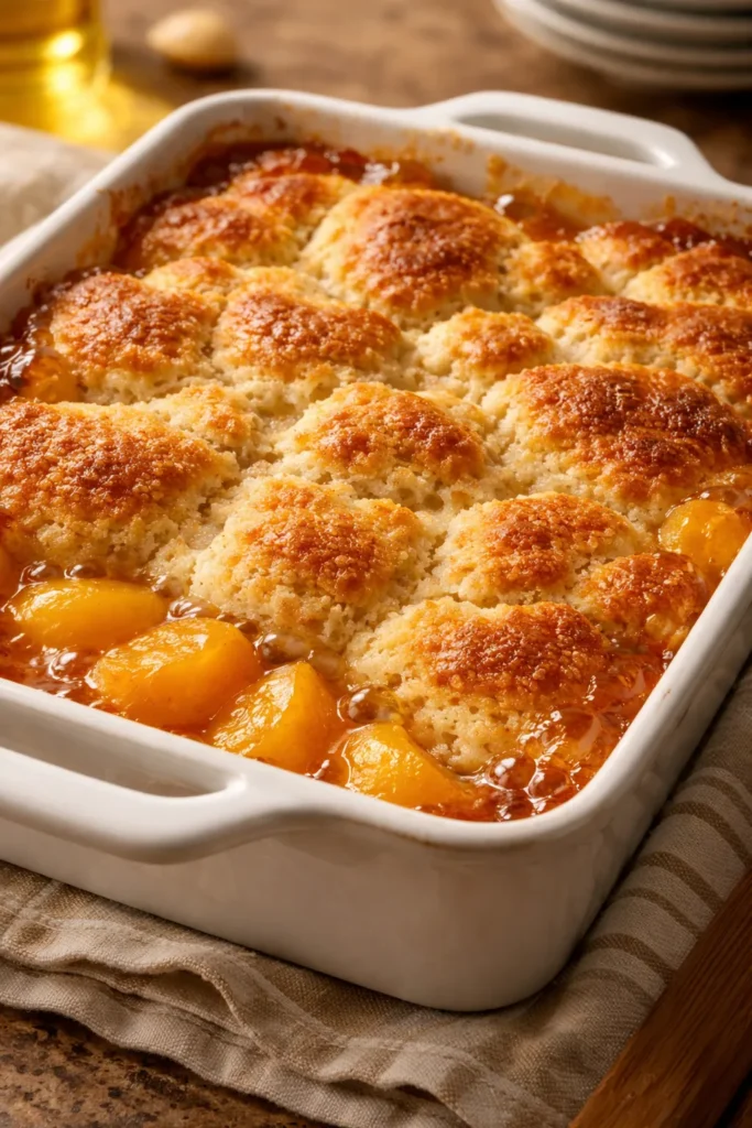 Golden brown cobbler topping bubbling at the edges