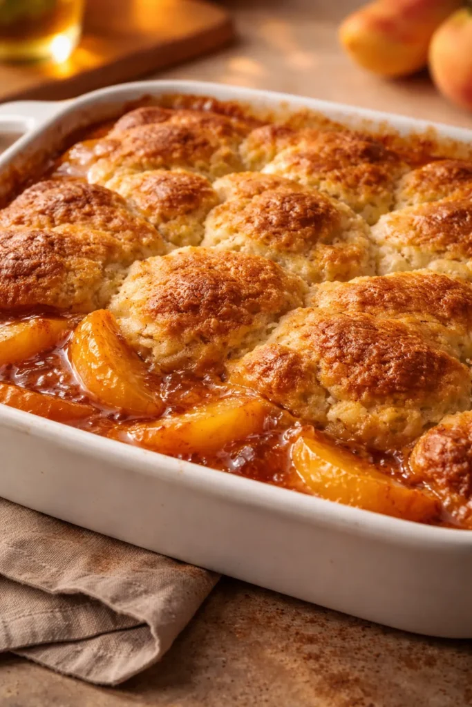 Golden brown cobbler topping bubbling around edges