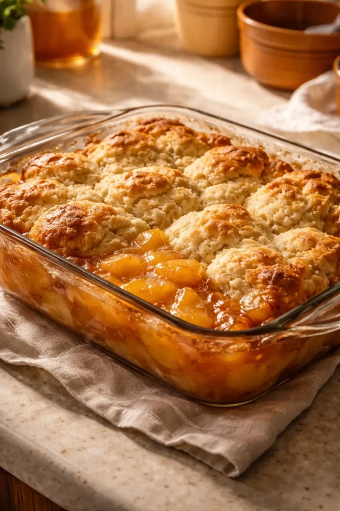 Golden-brown cobbler with bubbling peach filling