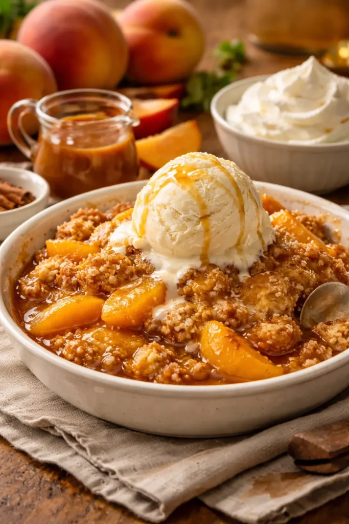 Peach cobbler served with melting vanilla ice cream