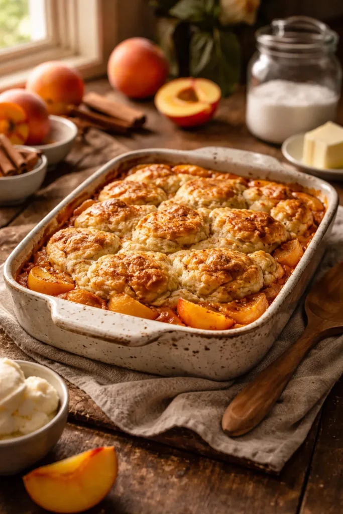 Cozy kitchen with peach cobbler on a rustic table