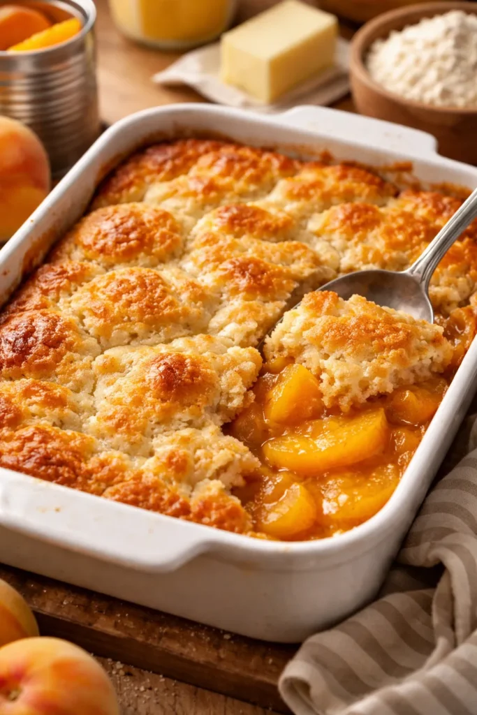 Baking dish with peach cobbler showing a glossy golden top