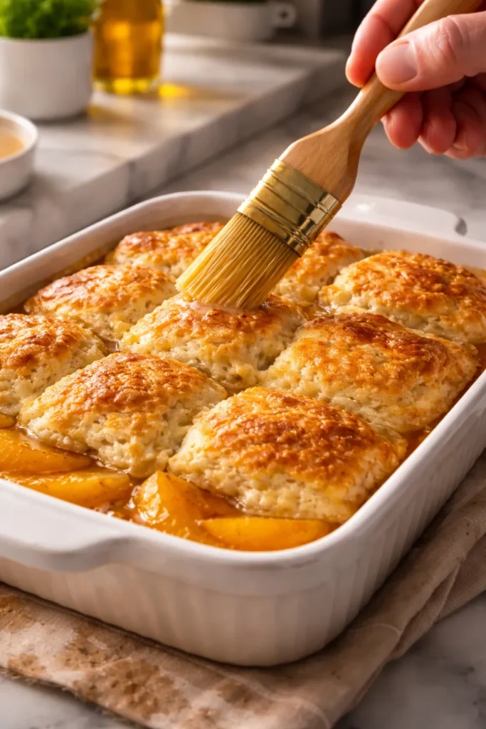 Butter brushed over cobbler topping in kitchen