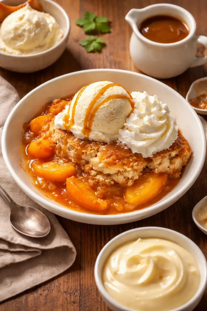 Peach cobbler slice with ice cream and whipped cream on a plate